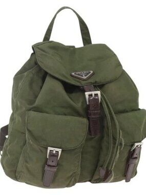 PRADA Backpack Nylon Khaki Silver Auth 157586